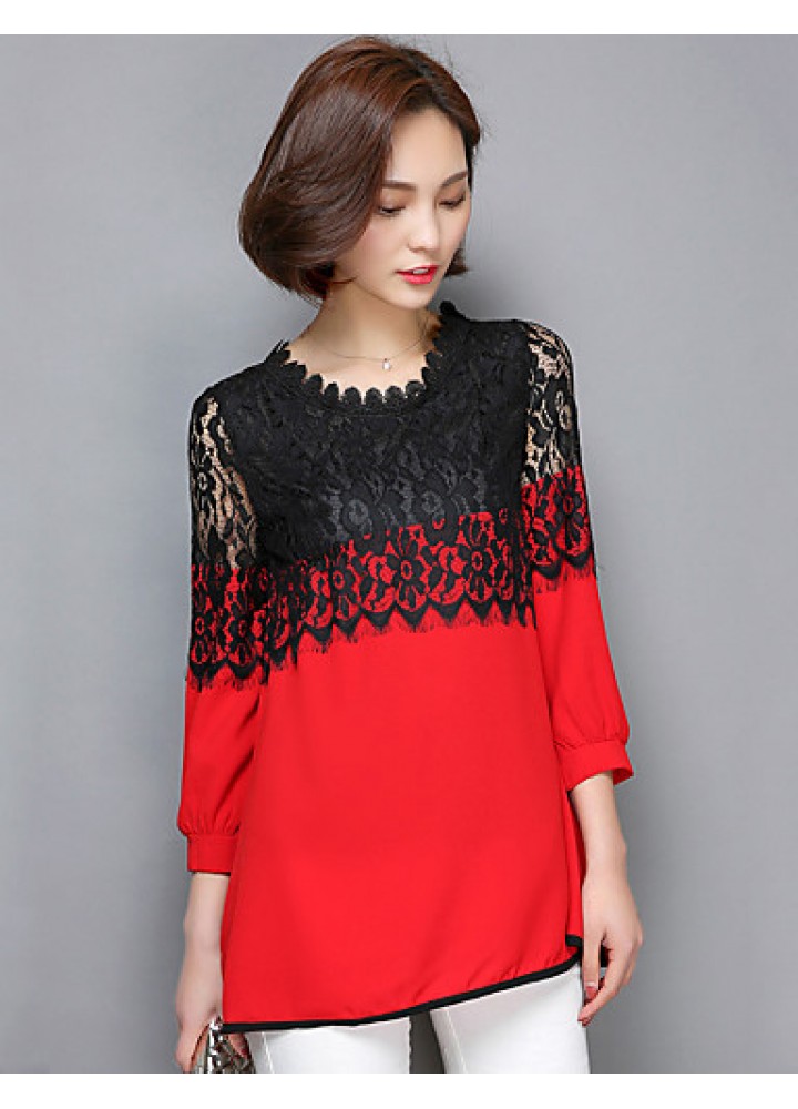 Women's Patchwork Pink / Red / Black Long section Blouse,Casual Lace Cut Out Fashion Round Neck ? Sleeve Polyester/Nylon