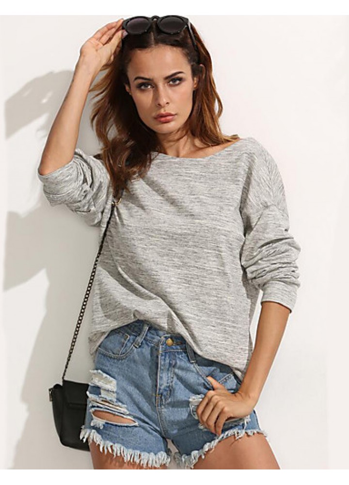 Women's Casual/Daily Street chic Spring / Fall T-shirtSolid Round Neck Long Sleeve Gray Cotton Medium