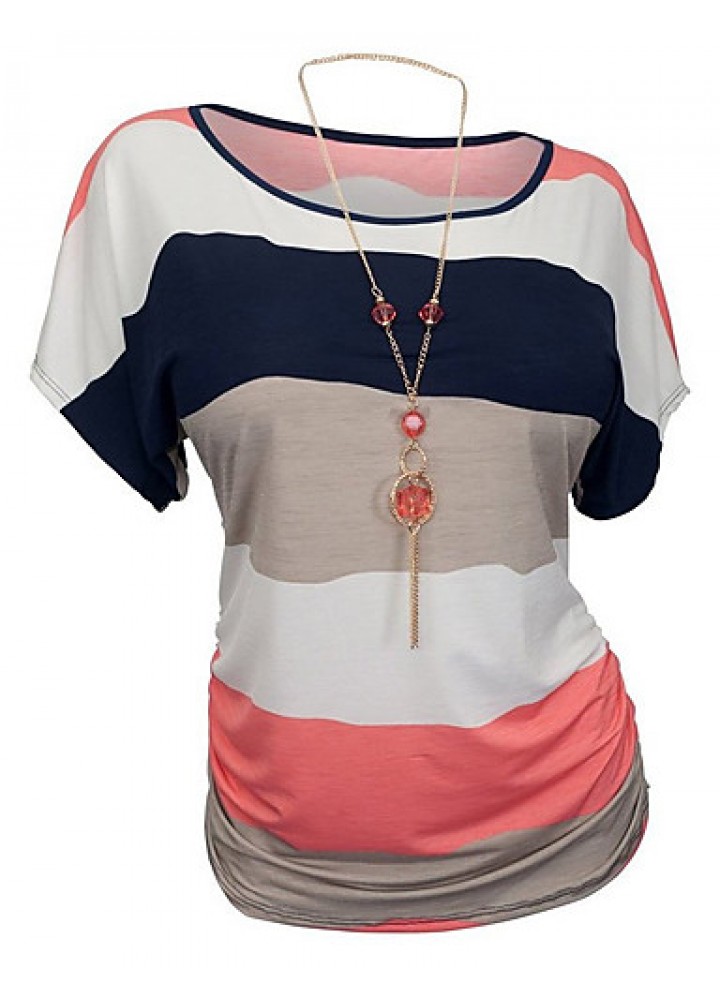 Women's Patchwork Blue / Red T-shirt,Round Neck Short Sleeve