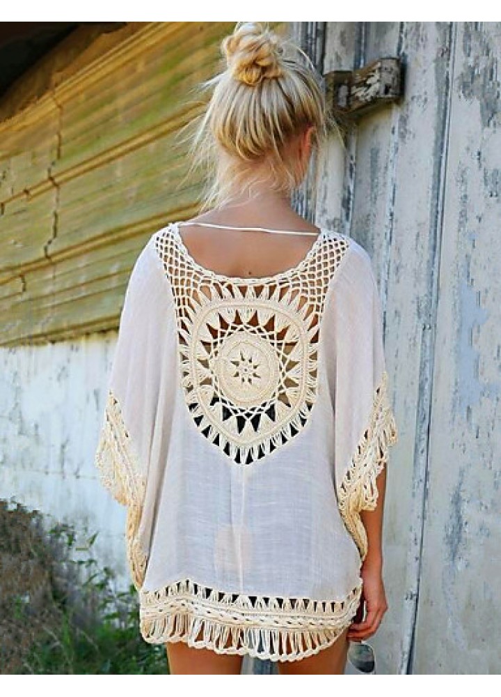 Women's Patchwork Lace Bohemian style Hollow Out Blouse,Round Neck ? Length Sleeve