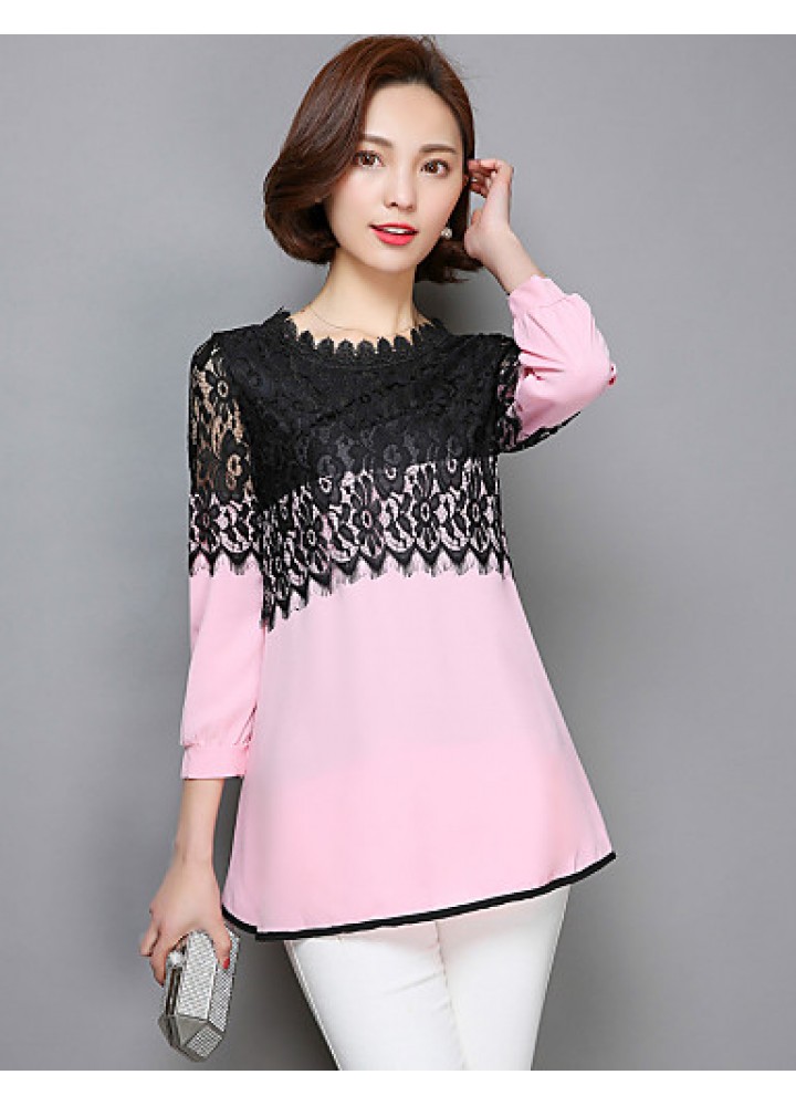 Women's Patchwork Pink / Red / Black Long section Blouse,Casual Lace Cut Out Fashion Round Neck ? Sleeve Polyester/Nylon