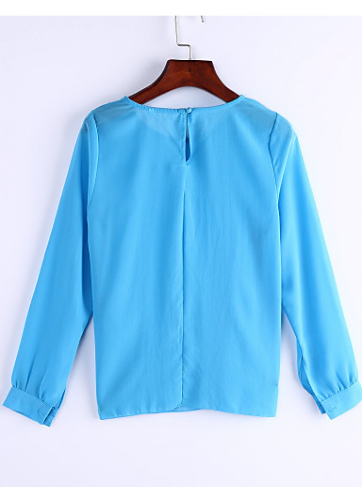 Sexy All Seasons Blouse,Solid Round Neck Long Sleeve Blue / Pink Polyester Thin