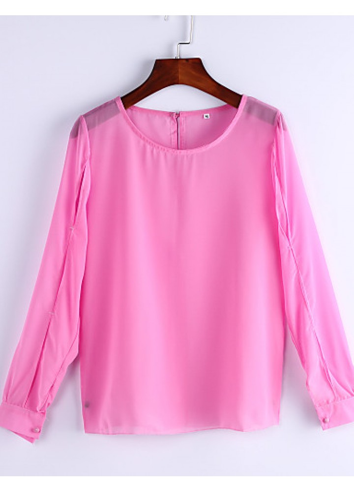 Sexy All Seasons Blouse,Solid Round Neck Long Sleeve Blue / Pink Polyester Thin