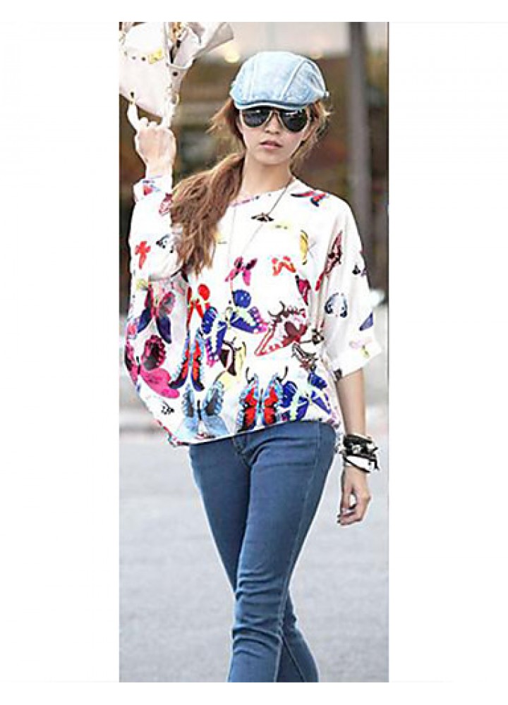 Women's Slack Neck Batwing Sleeve Printed Loose-Fitting Blouse