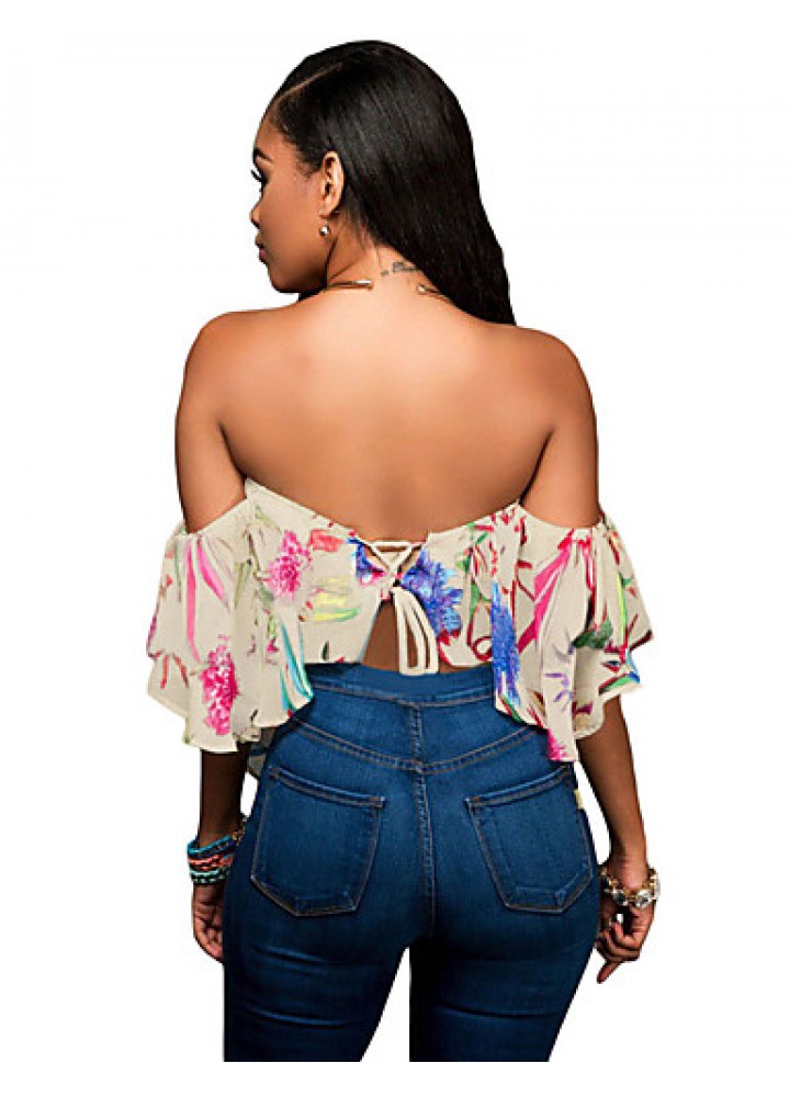 Women's Multicolor Print Off Shoulder Apricot Crop Top