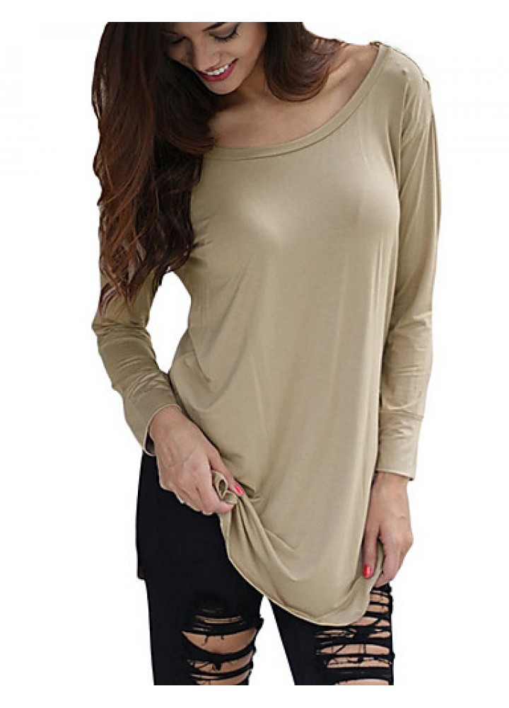 Women's Casual/Daily Sexy All Seasons T-shirt,Patchwork Round Neck Long Sleeve Red / Beige / Black Cotton / Rayon Thin