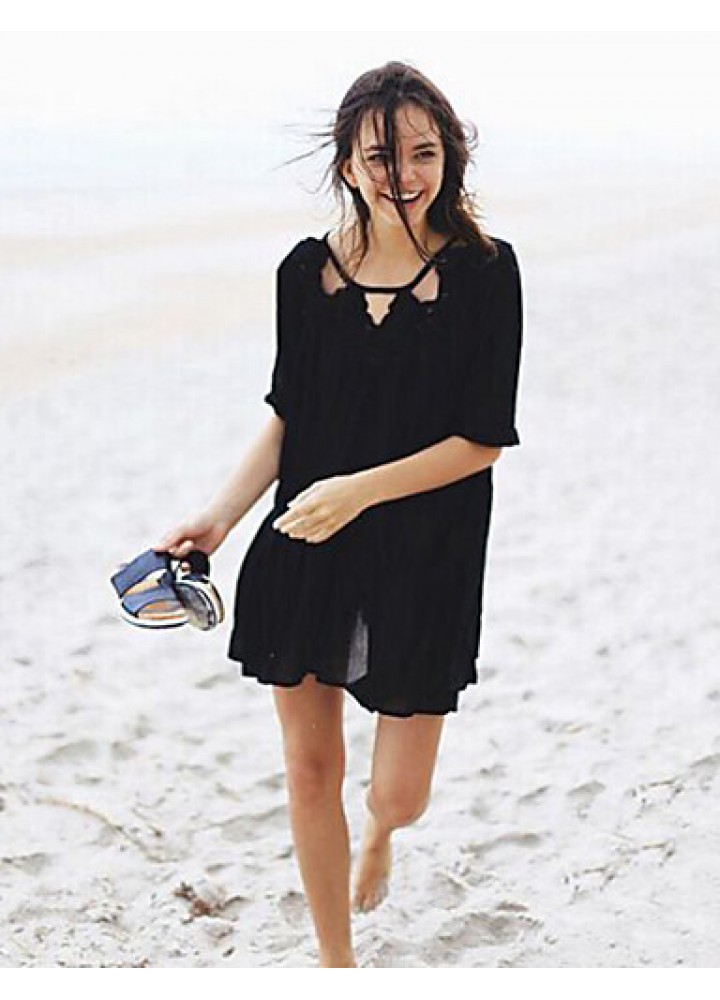 Women's Beach Simple Blouse,Solid Round Neck ? Length Sleeve Black Cotton Thin