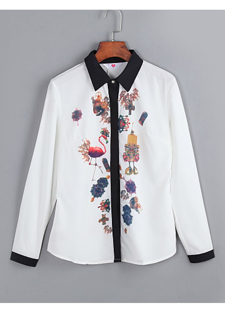 Women's Wild Commuter Contrast Color Stitching Print Long Sleeve Chiffon Shirt