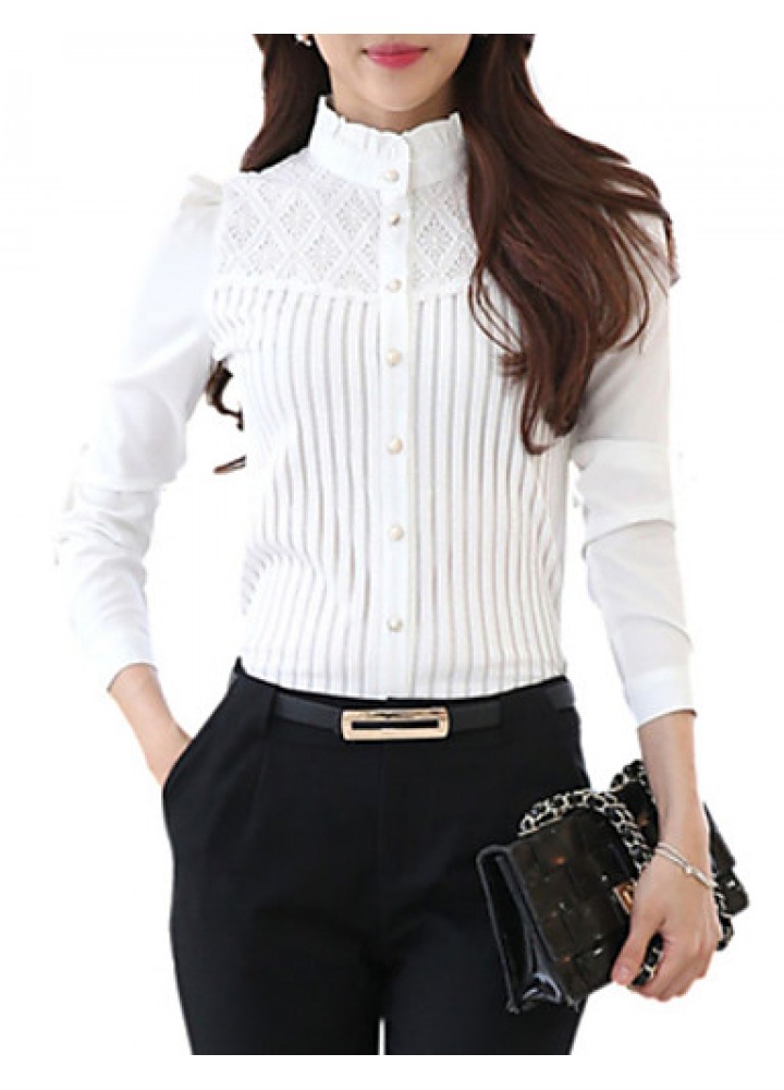 Women's Stand Collar Lace Patchwork Stripe Puff Sleeve Wild Slim Shirt