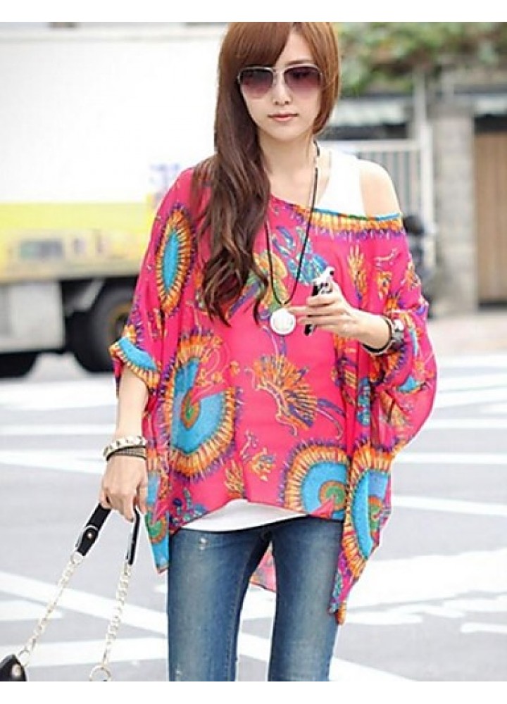 Women's Casual/Daily Boho / Street chic All Seasons Blouse,Print Slash Neck Long Sleeve Purple Thin