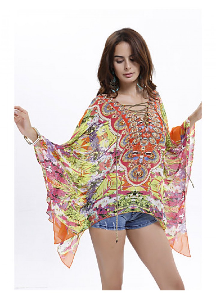 Women's Plus Size Batwing Sleeve Floral Print Chiffon Blouse