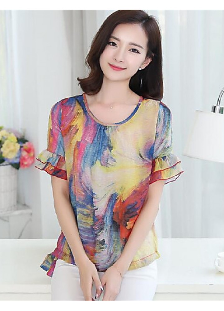 Women's Casual/Daily Sexy Summer / Fall Blouse,Print Round Neck Short Sleeve Blue Polyester Medium