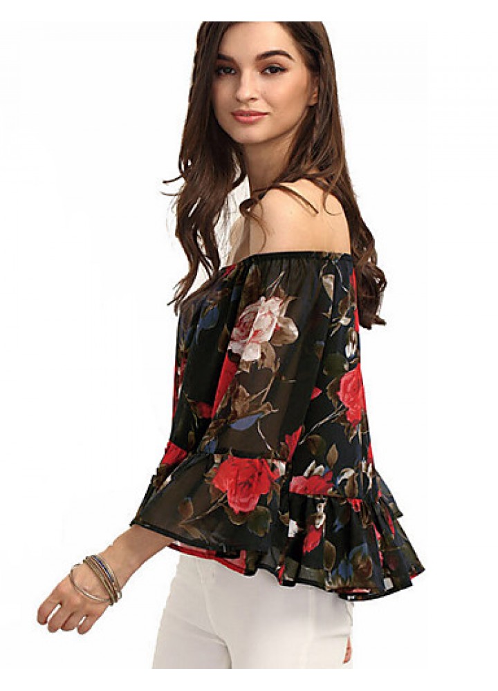 Women's Going out Sexy / Street chic All Seasons Blouse,Floral Boat Neck Long Sleeve Black Polyester Thin