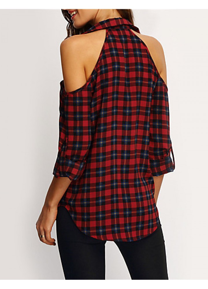 Women's Going out / Casual/Daily Sexy / Street chic Off-The-Shoulder Shirt Plaid Shirt Collar Long Sleeve