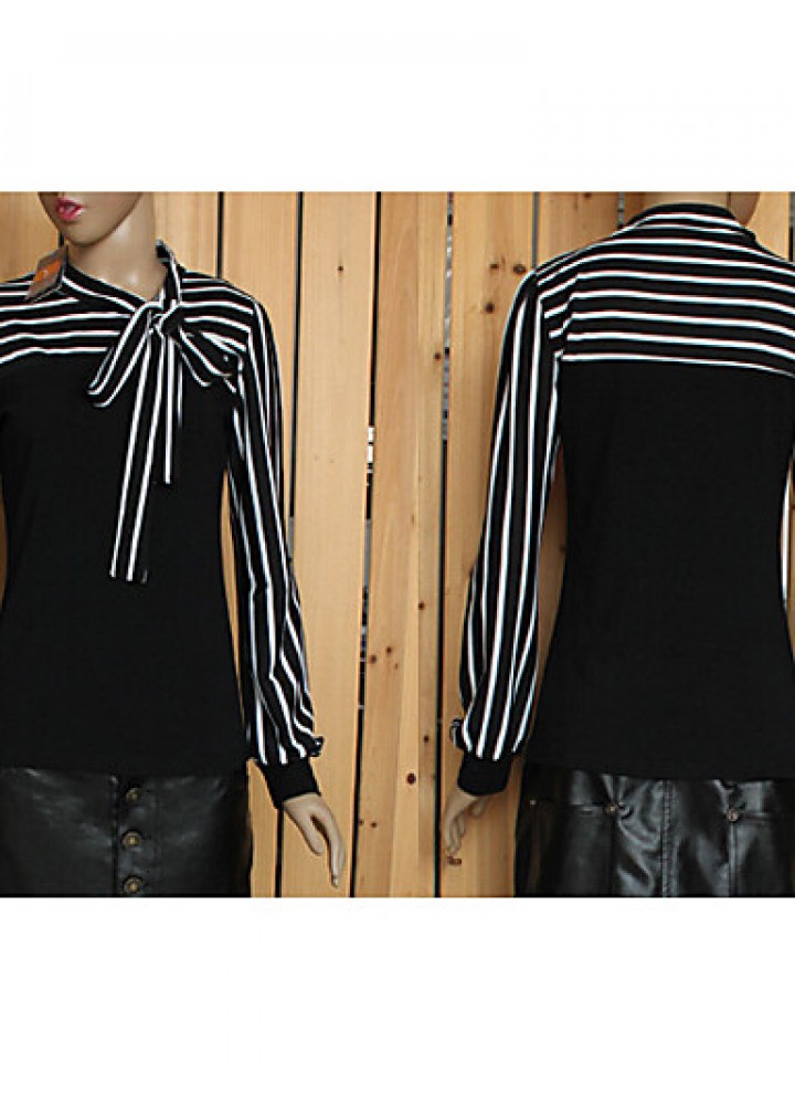 Women's Bow Neck Stripes Print Long Sleeves T-shirt