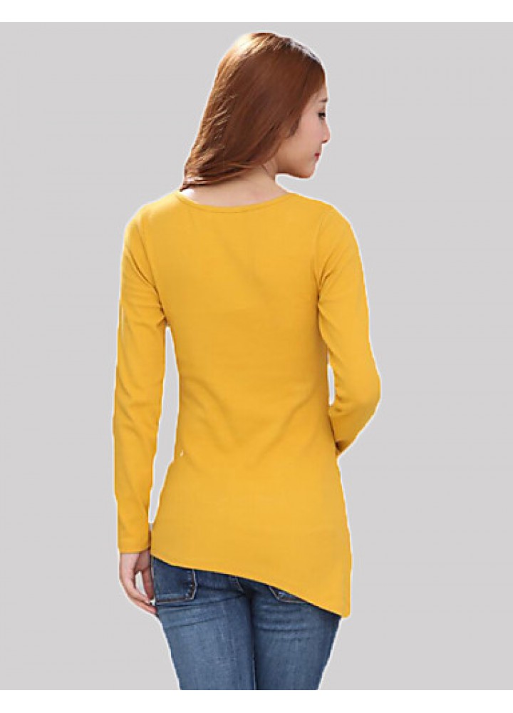 Women's Casual/Daily Simple Fall T-shirtSolid Round Neck Long Sleeve Black / Yellow Cotton Medium