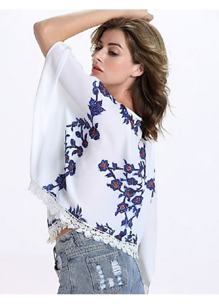 Women's Causal Loose Print Round Neck Lace Big Sleeve Blouse