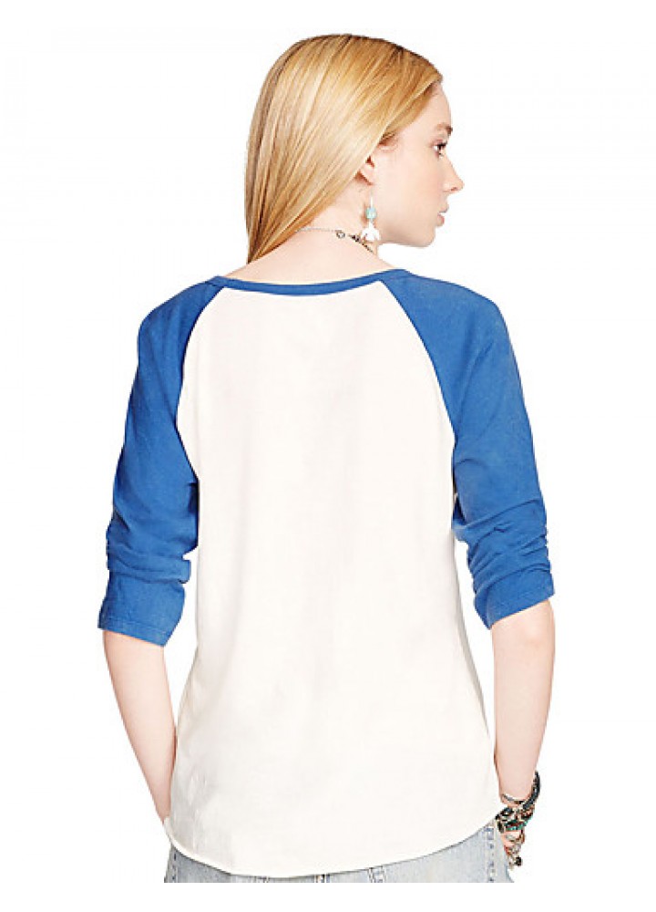 Women's Casual/Daily Street chic Color Block Fashion Sport T-shirt Print Round NeckSleeve Blue Polyester Medium