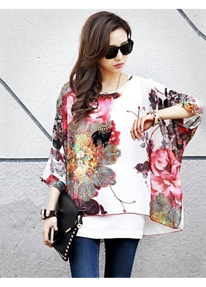 Women's Flower Print Loose Blouse & Vest,Round Neck