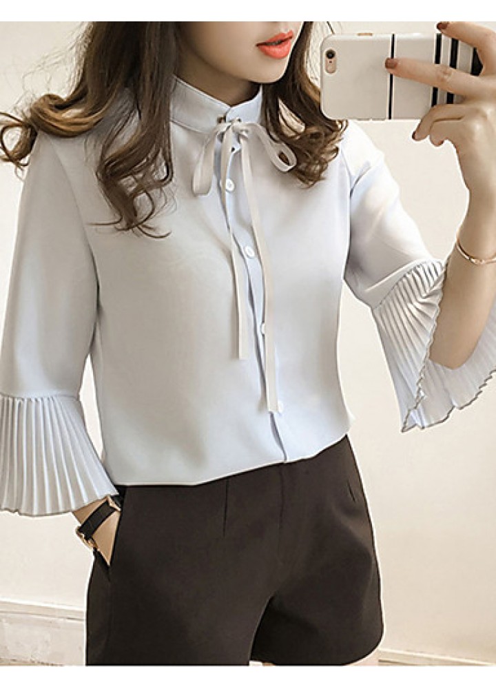 Women's Casual/Daily Simple Spring / Fall Shirt,Solid / Letter Shirt Collar Long Sleeve Blue / White Others Thin