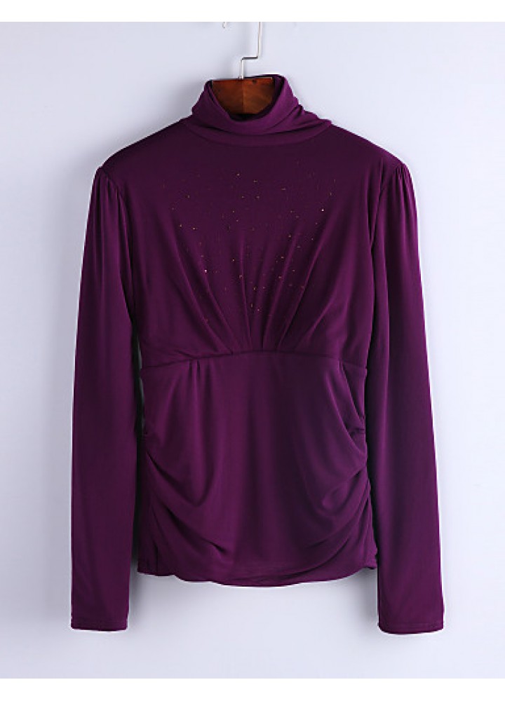 Women's Plus Size / Sexy Spring Blouse,Solid Turtleneck Long Sleeve Black / Green / Purple Cotton / Rayon Medium