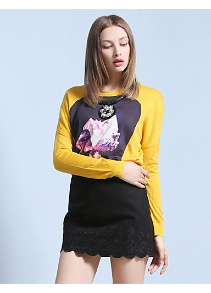 Women's Going out Street chic Spring / Fall T-shirtPrint Round Neck Long Sleeve White / Black / Yellow Wool