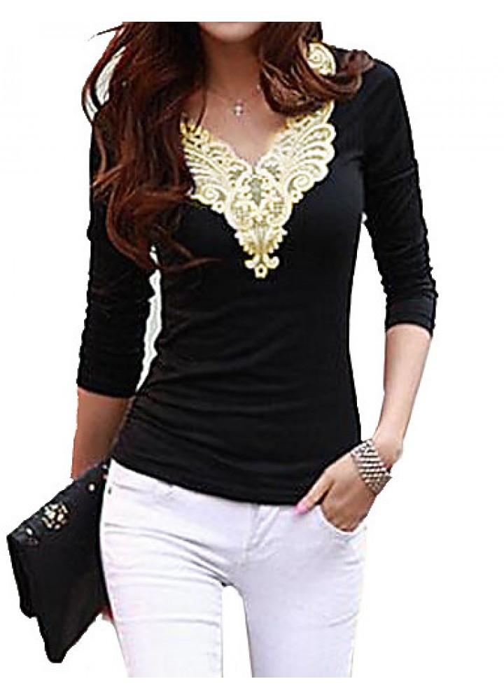 Spring / Fall Going out Casual Women's T-shirt Solid Color Sexy V Neck Long Sleeve Black / Purple Slim Tops