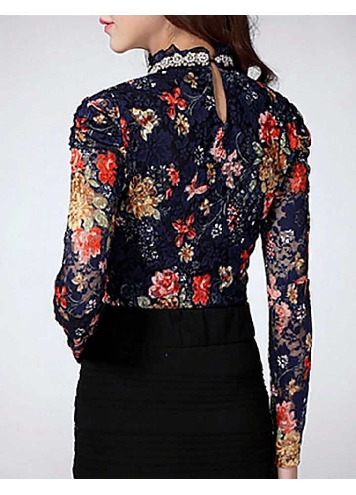 Women's Casual/Daily Simple Fall Blouse,Floral Stand Long Sleeve Blue / Beige Polyester Thin