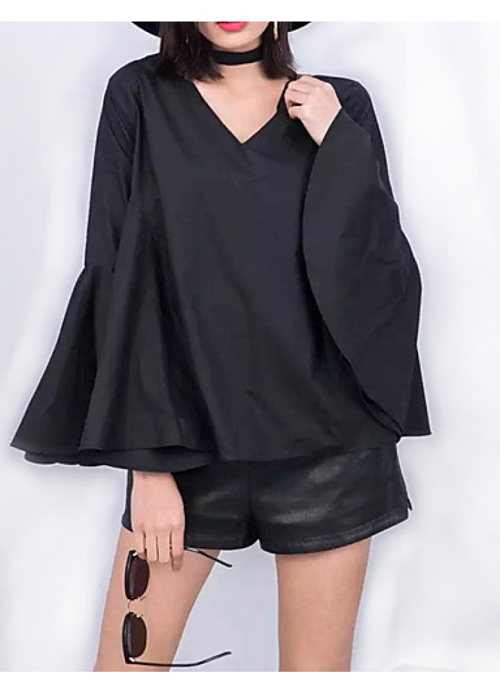 Women's Flare Sleeve Solid White / Black Loose Thin Blouse,Plus Size V Neck Long Sleeve