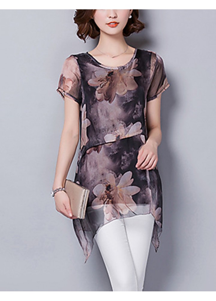 Women's Going out / Casual/Daily Street chic ,Print Round Neck Short Sleeve Brown Polyester Thin