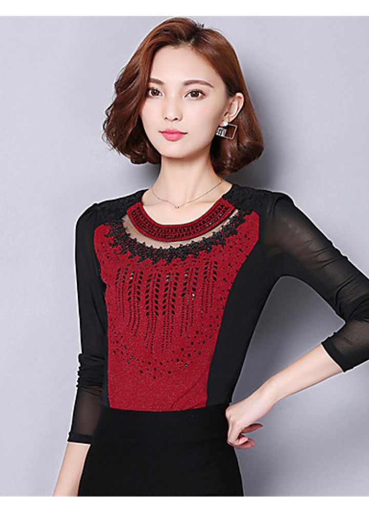 Spring Fall Women's Going out Fashion Wild Solid Color Patchwork Round Neck Long Sleeve Shirt