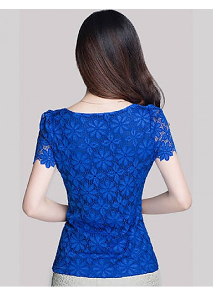 Summer Plus Size Women Solid Color Round Neck Short Sleeve Lace Blouse Slim Was Thin T-shirt Tops