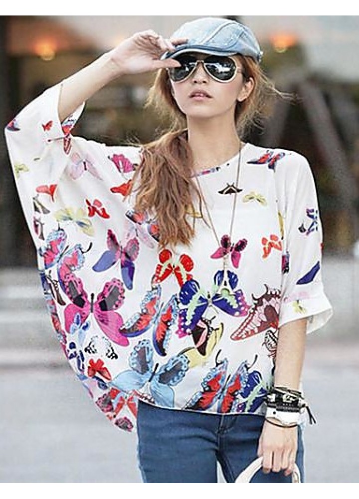 Women's Slack Neck Batwing Sleeve Printed Loose-Fitting Blouse