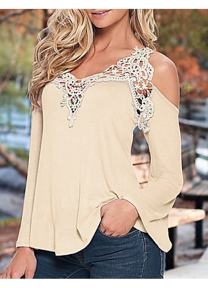 Women's Patchwork Lace Strap Off-The-Shoulder All Match Loose Casual V Neck Long Sleeve Plus Size T-shirt