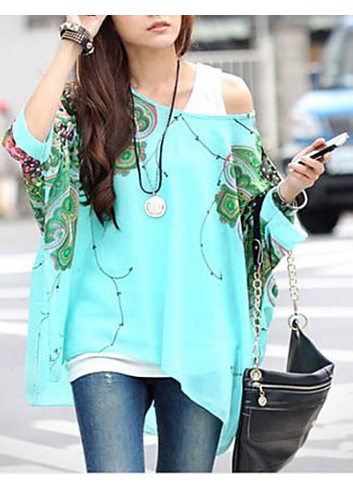 Women's Slack Neck Batwing Sleeve Printed Loose-Fitting Blouse