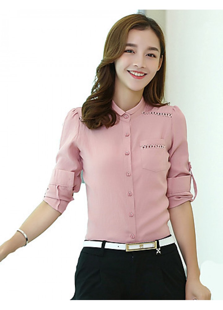 Women's Korean Stand Collar Crochet Cut Out Flax Solid OL Long Sleeve Shirt