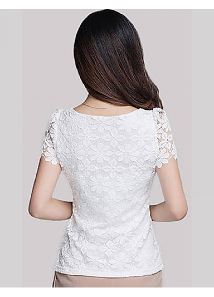 Summer Plus Size Women Solid Color Round Neck Short Sleeve Lace Blouse Slim Was Thin T-shirt Tops