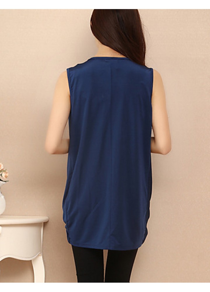 Women's Solid Blue Tanks,V Neck Sleeveless