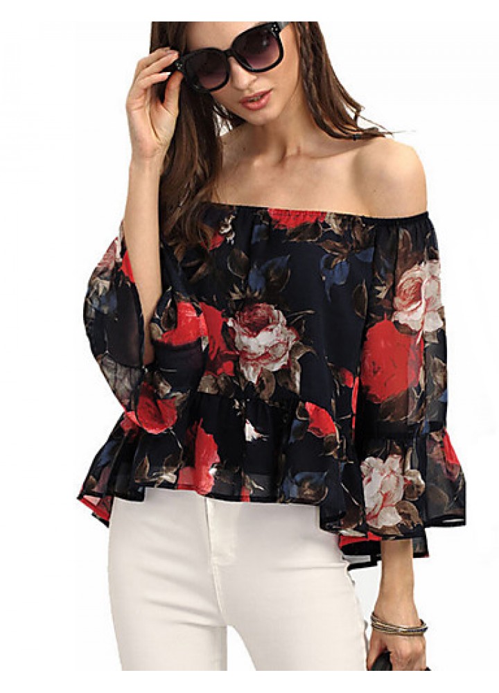 Women's Going out Sexy / Street chic All Seasons Blouse,Floral Boat Neck Long Sleeve Black Polyester Thin