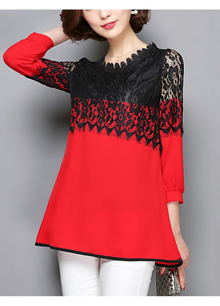 Women's Patchwork Pink / Red / Black Long section Blouse,Casual Lace Cut Out Fashion Round Neck ? Sleeve Polyester/Nylon