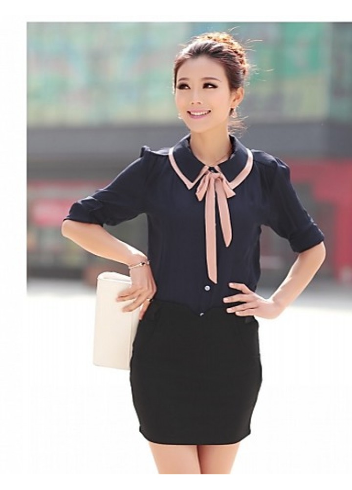 Women's Cute Contrast Bow Collar Half Sleeve Shirt