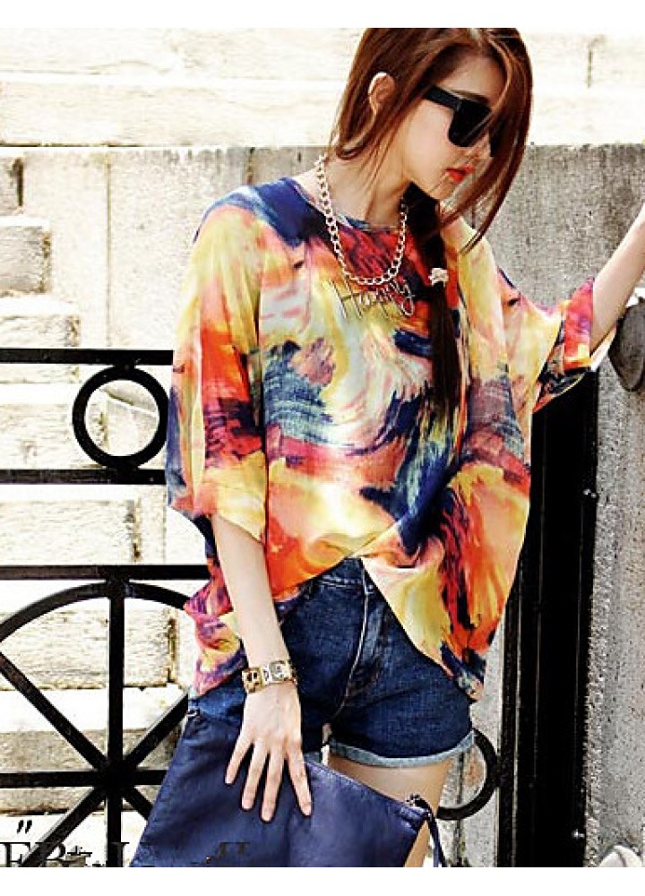 Women's Casual/Daily Boho Summer Blouse,Print Round Neck ? Sleeve Orange Polyester Thin